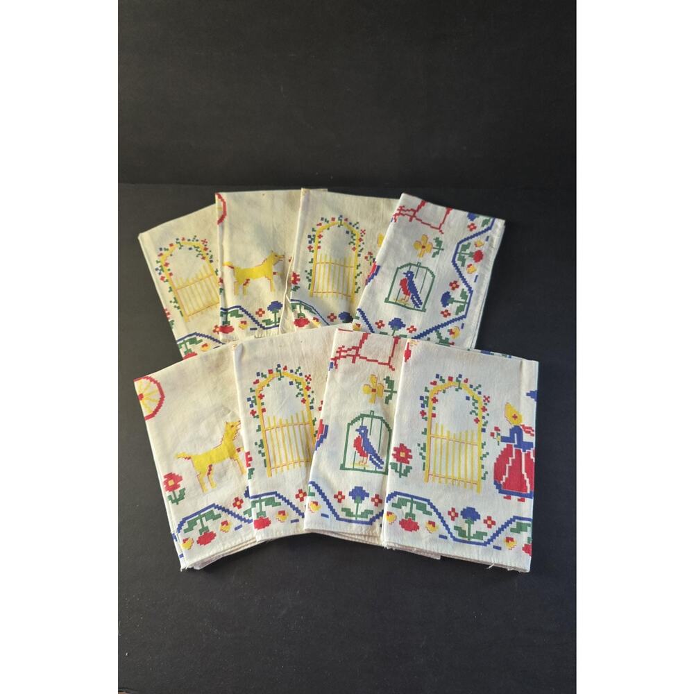 Vintage Cottagecore Cotton Napkins Set 8 Folk Art Girl Dog Bird Floral Kitchen